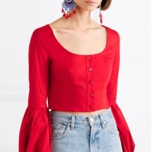 STAUD Red Poplin Long Sleeve "Monica" Cropped Top